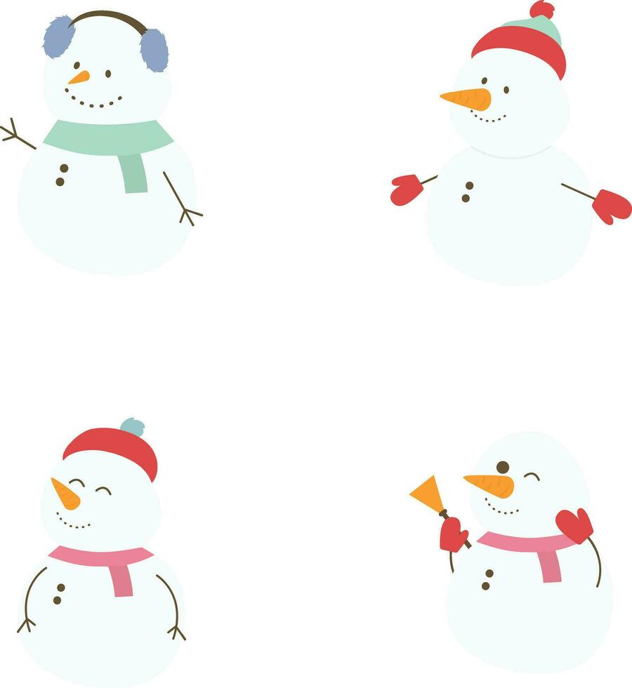 Winter Schneemänner. heiter Schneemänner im anders Kostüme. Vektor Illustration auf Weiß isoliert Hintergrund.
