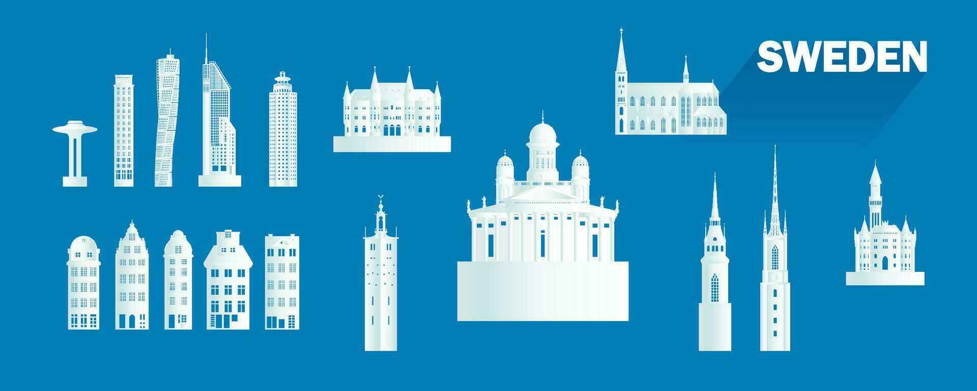 Schweden isoliert die Architektur Symbol einstellen und Symbol mit Tour Europa. vektor