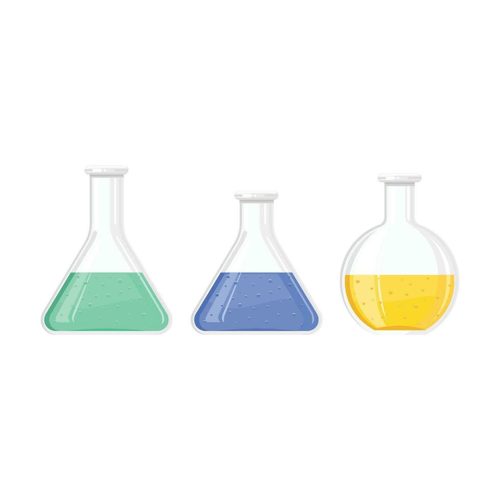 uppsättning av kemisk glas flaska på vit bakgrund, vektor illustration