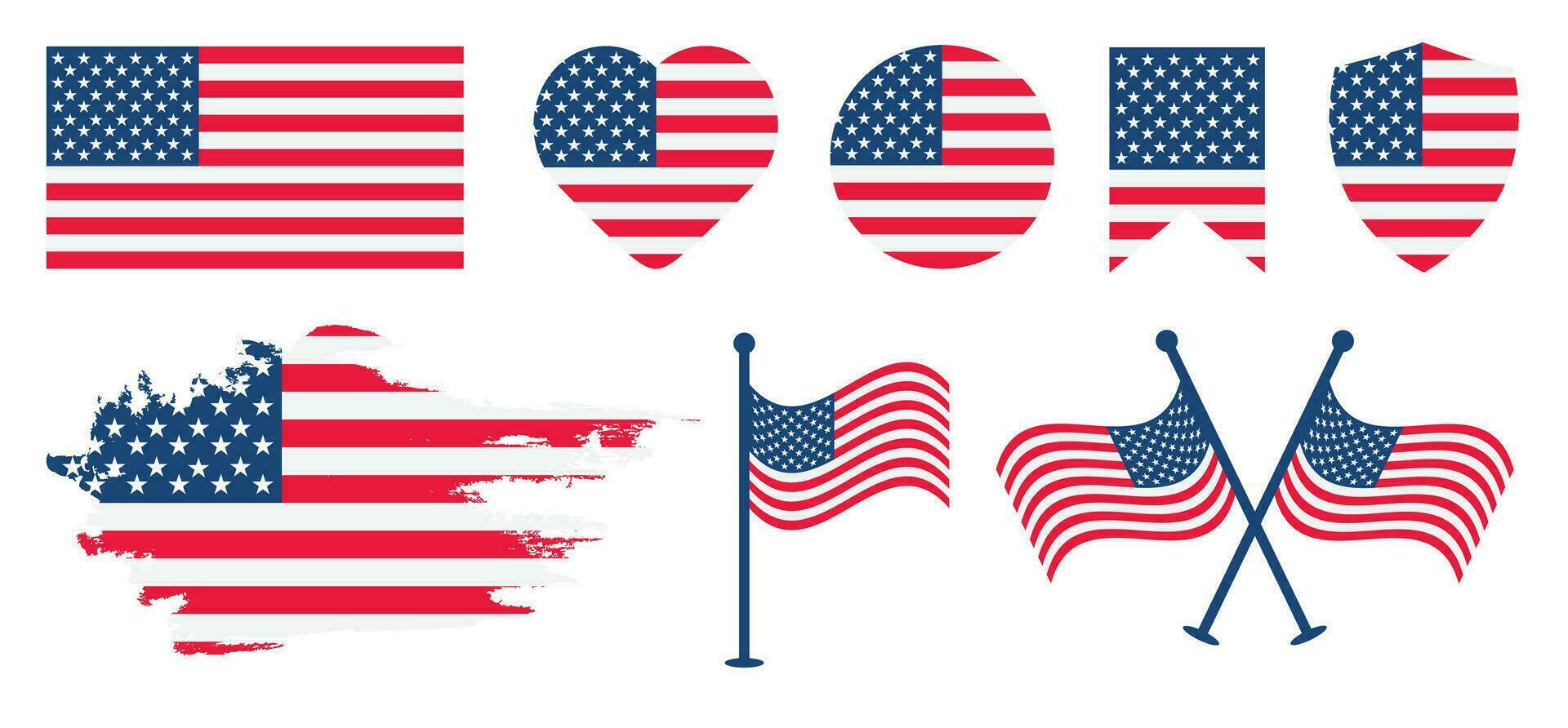 USA Flagge Vektor Design Satz. vereinigt Zustand von Amerika Flagge Design mit Liebe Symbol und Bürste Vektor Design.