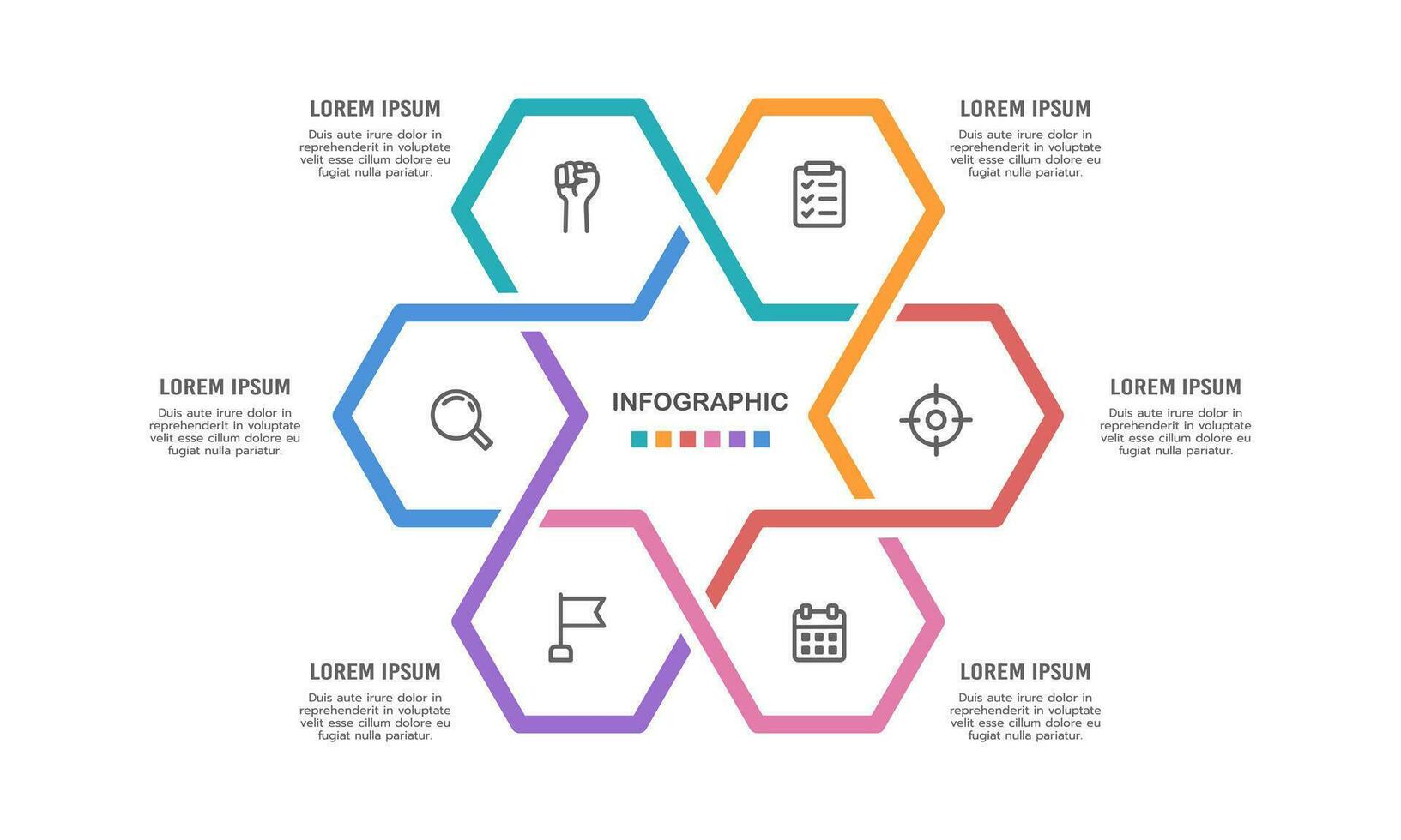 Infografik Hexagon Zyklus. das Kuchen Diagramm ist geteilt in 6 Teile. Vektor Illustration.