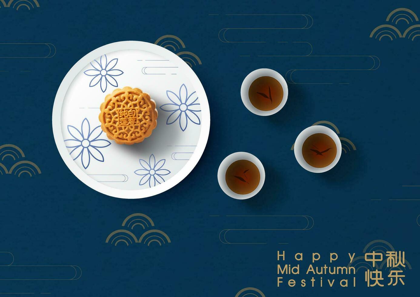 kinesisk måne kakor på vit tallrik med te koppar och lydelse av även på kinesisk element mönster och mörk blå bakgrund. kinesisk texter är menande Lycklig mitten höst festival i engelsk. vektor