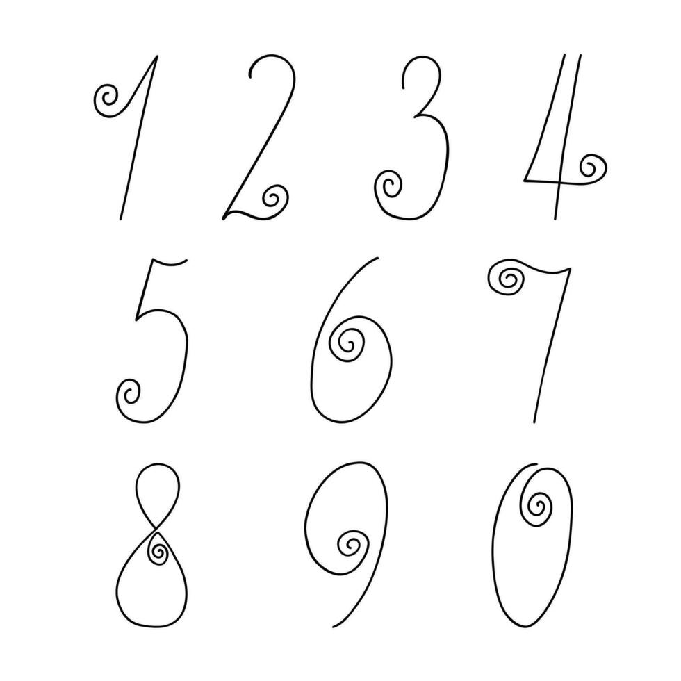 klein Hand gezeichnet schwarz Zahlen von einer zu Null im Gekritzel Stil Gliederung Vektor Illustration, kalligraphisch Mathe Symbole, süß komisch dekorativ Kontur Beschriftung