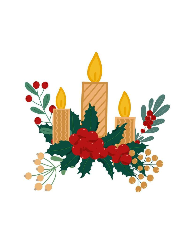 Weihnachten Pflanzen und Kerzen Anordnung Vektor Illustration, Winter Ferien Karte Vorlage, festlich Zeitraum Feier Vorlage