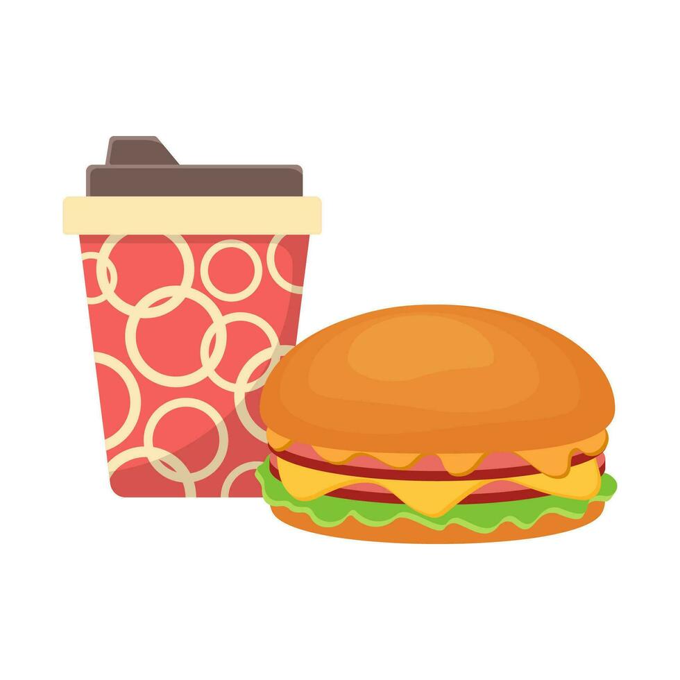 Hamburger und Limonade, kalt trinken oder Kaffee. Vektor Illustration.
