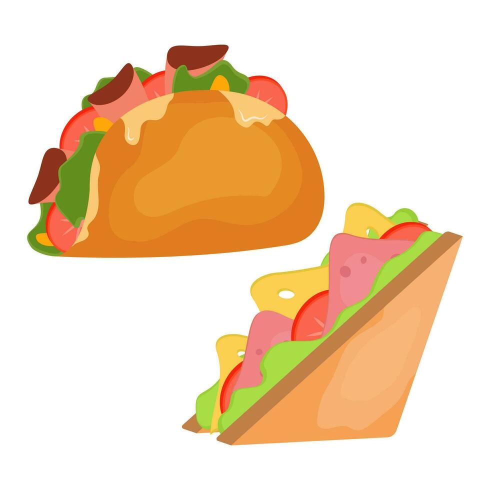 Burger, Sandwich, heiß Hund und wickeln Vektor Illustration Satz. Hamburger oder Cheeseburger Snack schnell Essen Sammlungen.