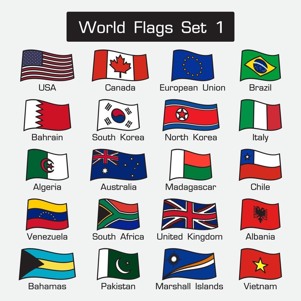 världsflaggor 1. enkel stil och platt design. tjock kontur. vektor