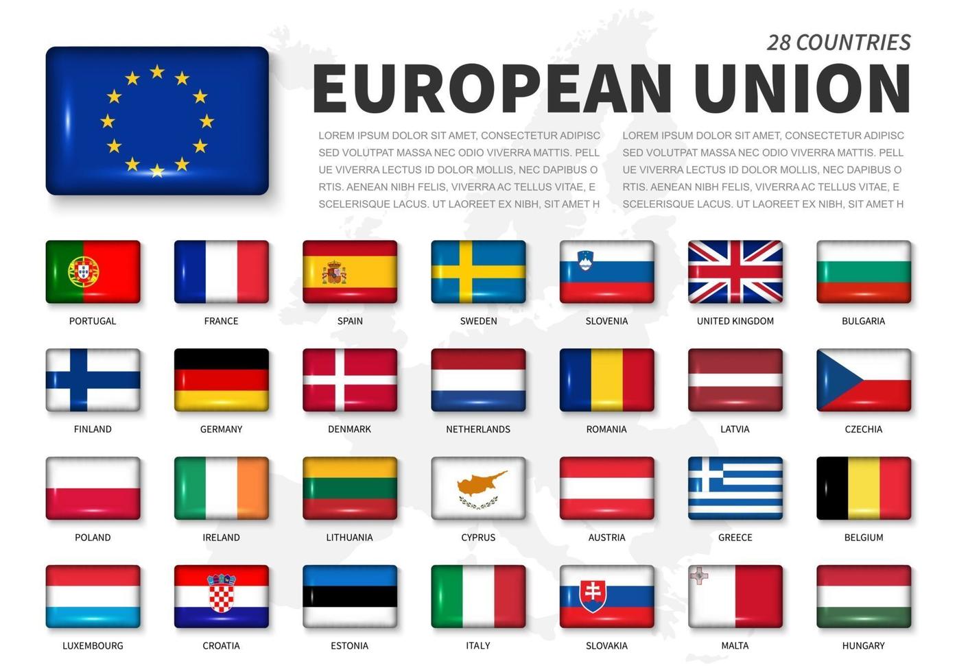Europeiska unionens eu och medlemskapsflagga. sammanslutning av 28 länder. rund vinkel glänsande rektangel knapp och Europa karta bakgrund. vektor .