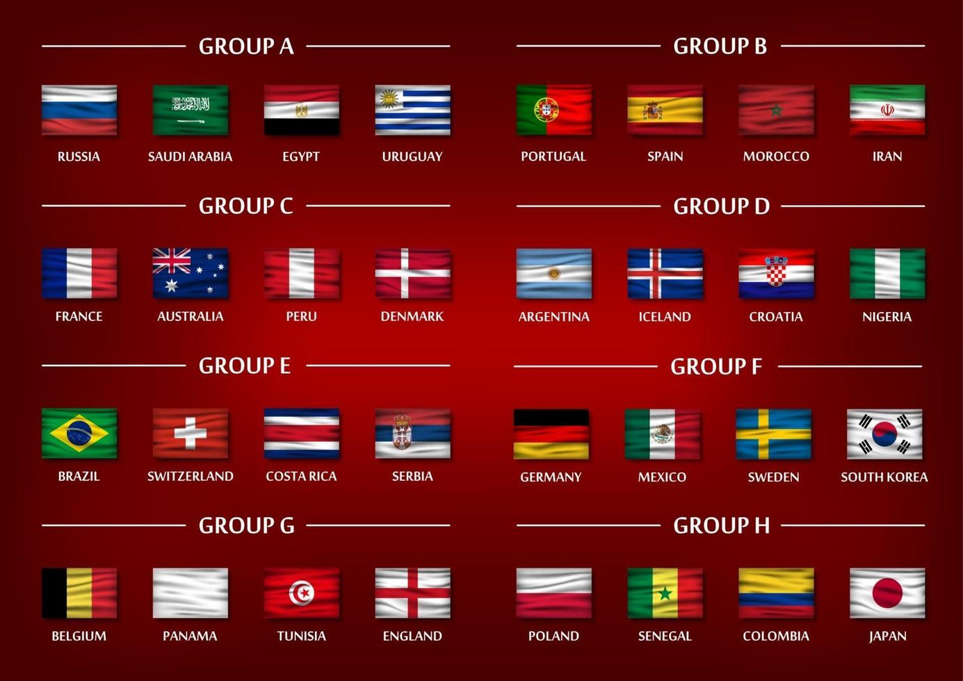 Fußball-Cup-Team-Gruppensatz. Realistische wellenförmige Nationalflaggen auf rotem Farbverlauf. Vektor für das internationale Weltmeisterschaftsturnier 2018.