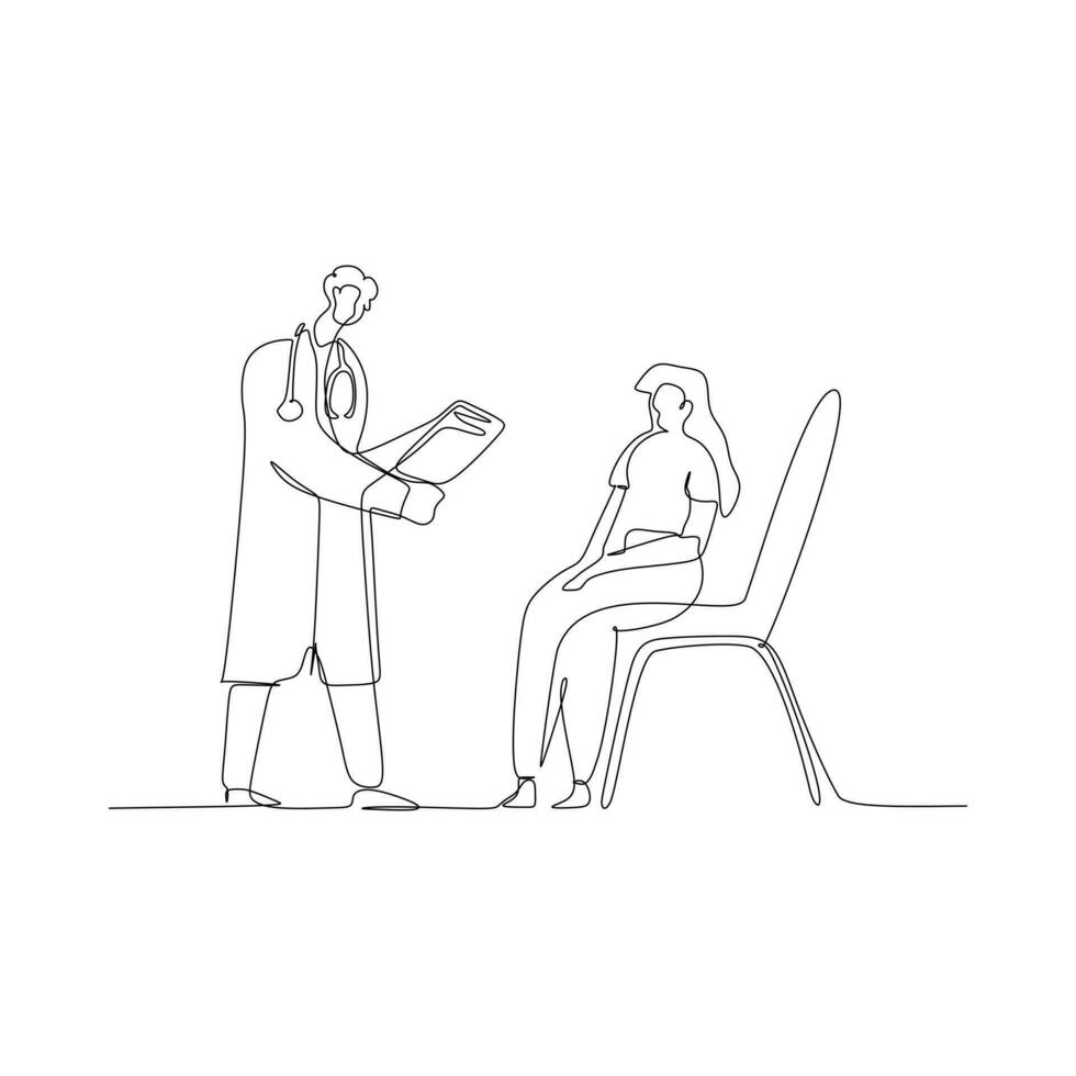 läkare talande till patient i stol kontinuerlig linje vektor illustration