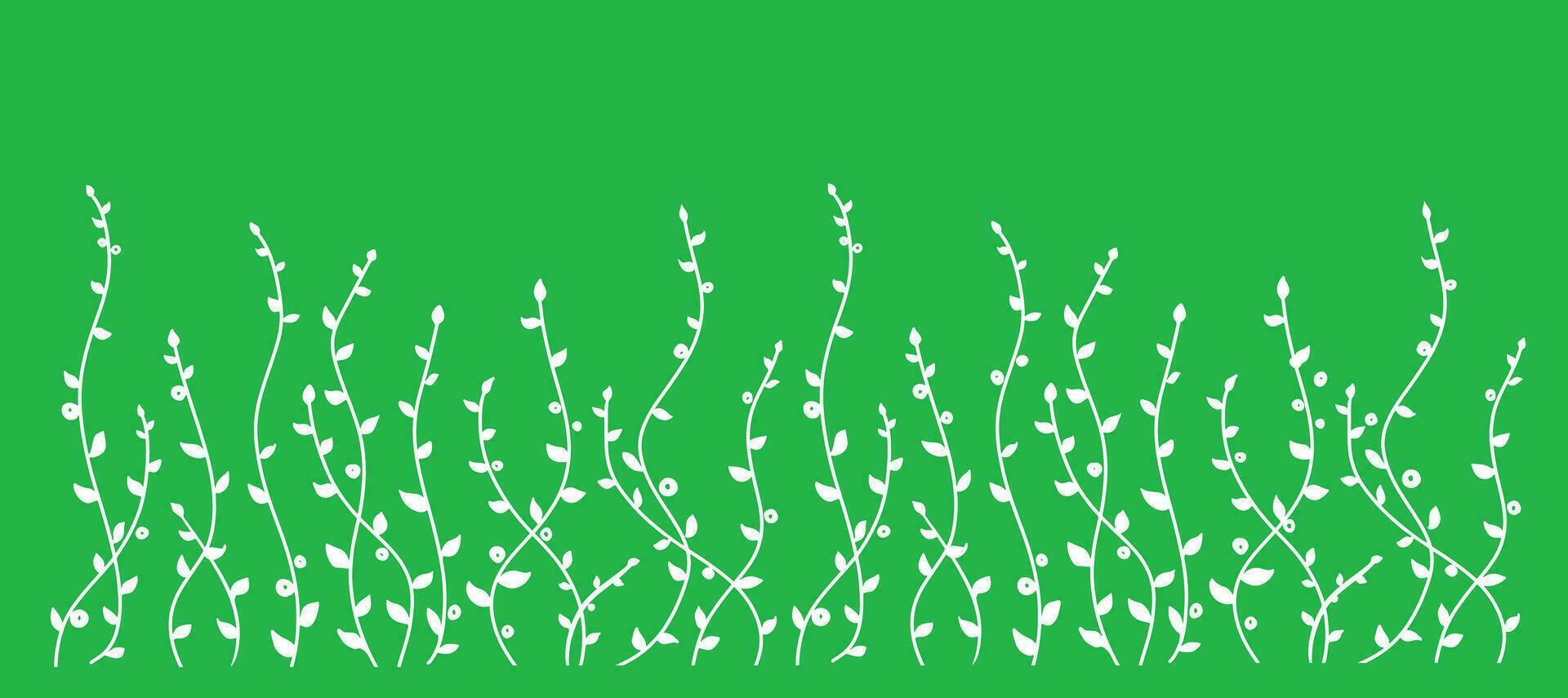 Hand gezeichnet einfach Weiß Gliederung Vektor Illustration. Silhouette wild Wiese Kräuter, Blütenstand. Rasen, Kräuter- Pflanzen auf ein Grün hintergrund.vektor Illustration.