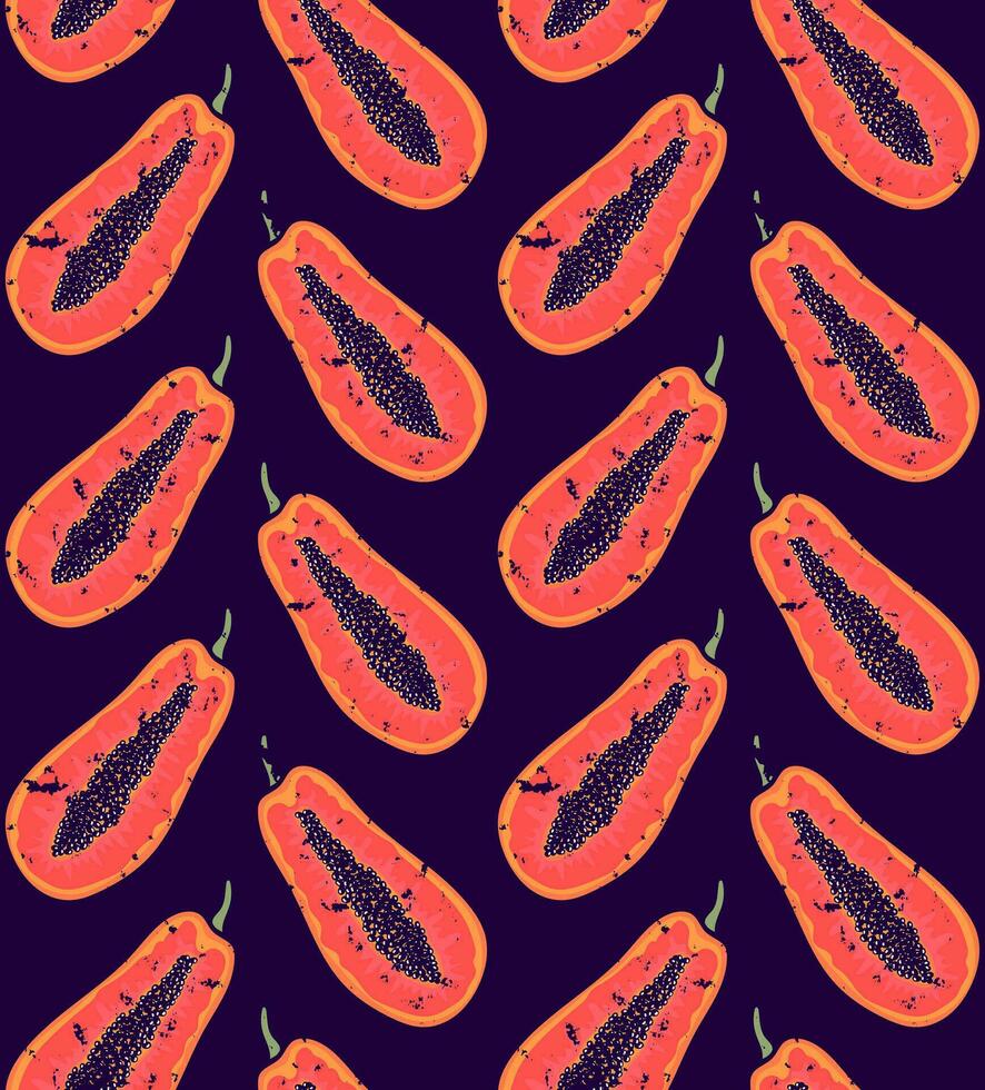 dunkel lila Vektor nahtlos retro Hintergrund mit hell Rosa Orange Papaya Scheiben im Pop Kunst Stil