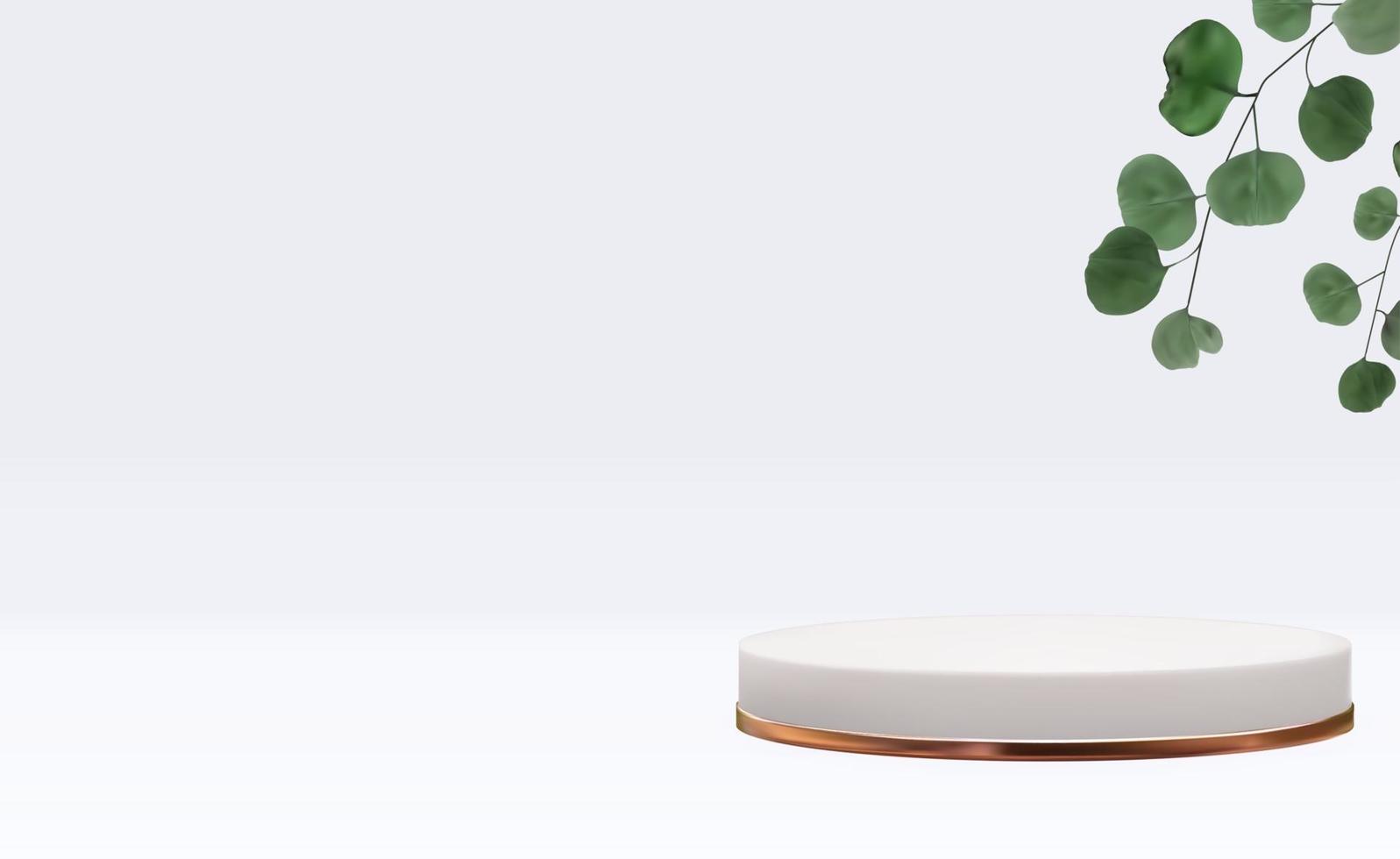 realistischer 3D-Sockel mit Eukalyptusblättern. trendige leere Podiumsanzeige für Anzeigen kosmetischer Produktpräsentation, Modemagazin. Platz kopieren vektor