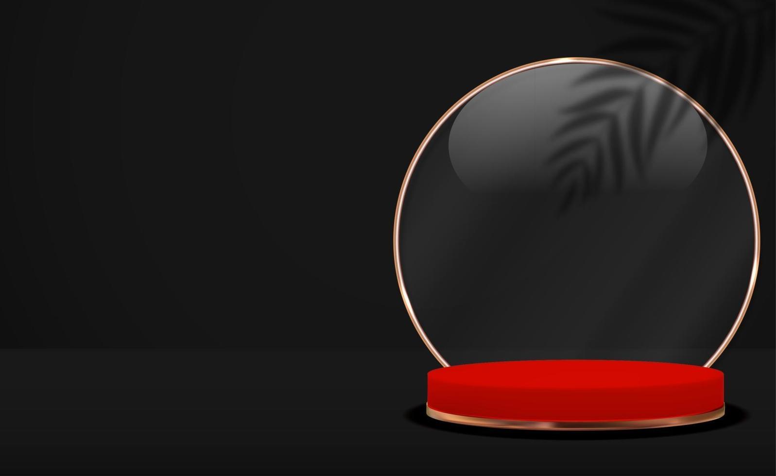 3D realistisk bakgrund med röd cirkel podium och palm lämnar skugga. formgivningsmall för modekosmetikprodukt vektor