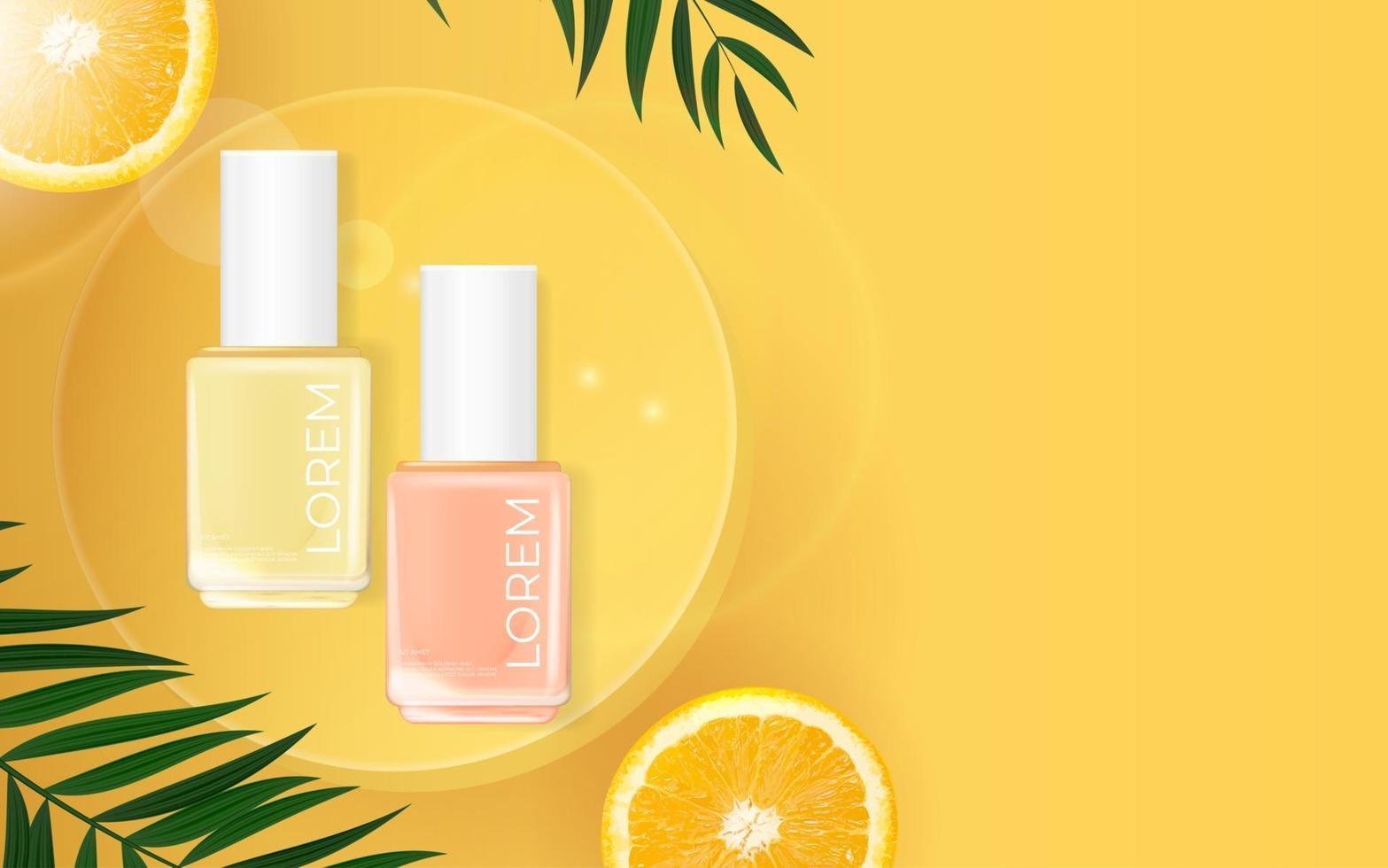 Nagellack Sommer Palmenhintergrund. Kosmetikproduktvorlage für Werbung, Zeitschrift, Produktprobe vektor