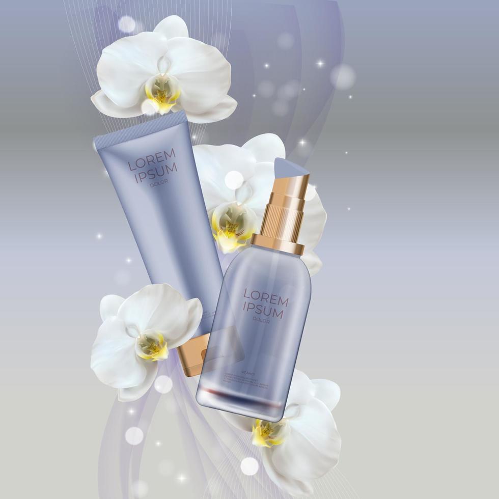 3D realistische Naturkosmetik Produkt Creme Flasche und Tube mit Orchideenblüte. Designvorlage für Modekosmetikprodukte für Anzeigen, Flyer oder Zeitschriftenhintergrund vektor