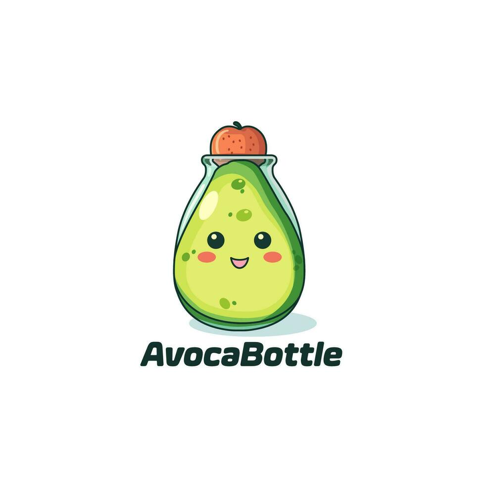 bezaubernd süß Karikatur Avocado im ein Grün Flasche. Avocado im ein Flasche Maskottchen Logo Vektor Illustration