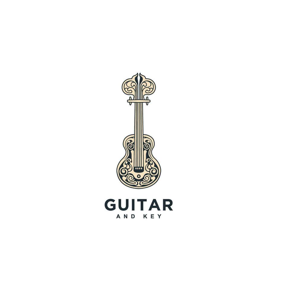 Gitarre Musik- Symbol Logo Design Vorlage. Gitarre und Schlüssel Kombination Logo Vektor Illustration