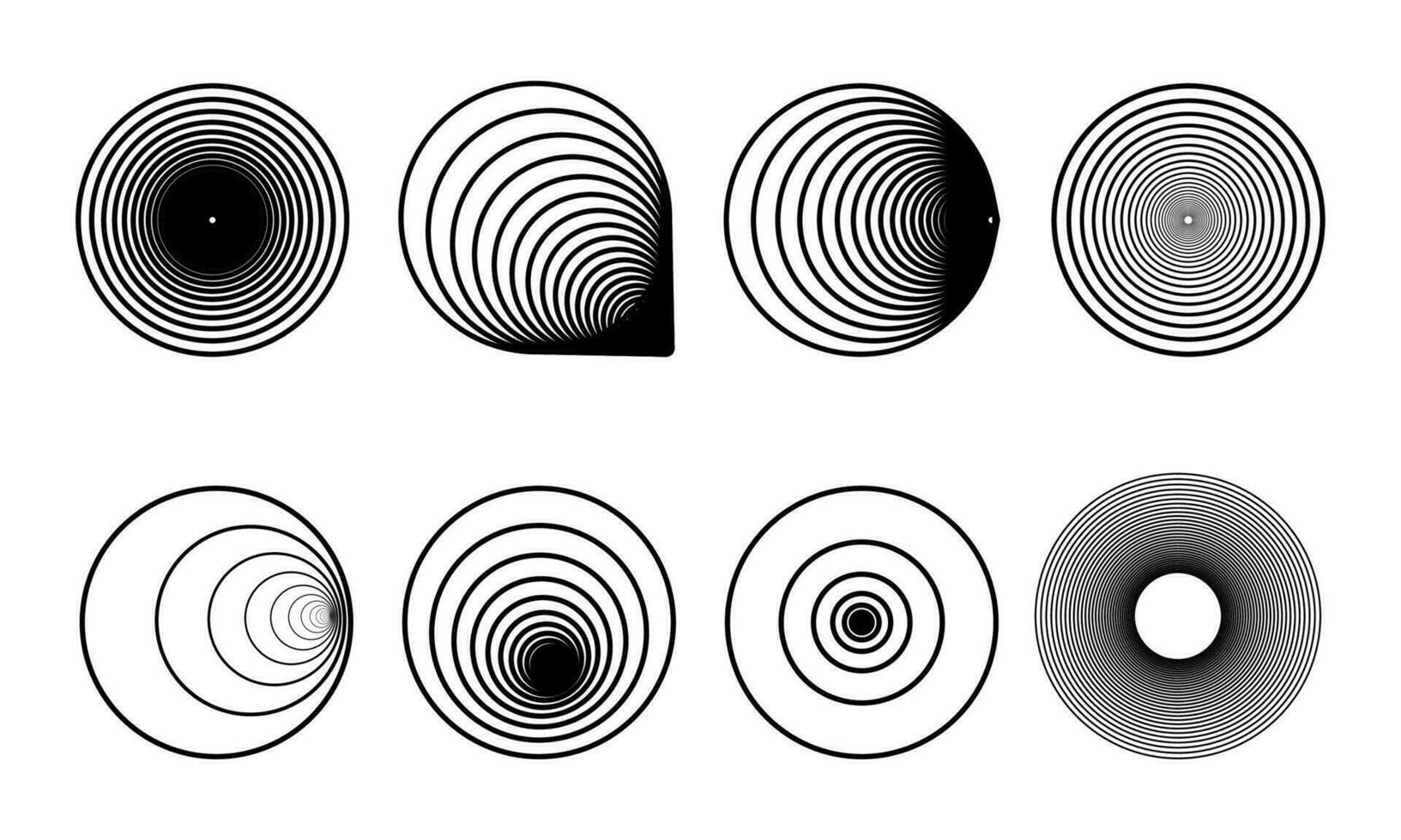 Muster Kreis Satz. Vektor geometrisch abstrakt Formen isoliert auf Weiß. runden und Spiral- verdrehte Linien. gebogen Formen können Sein benutzt wie Logos. kreisförmig Ornamente
