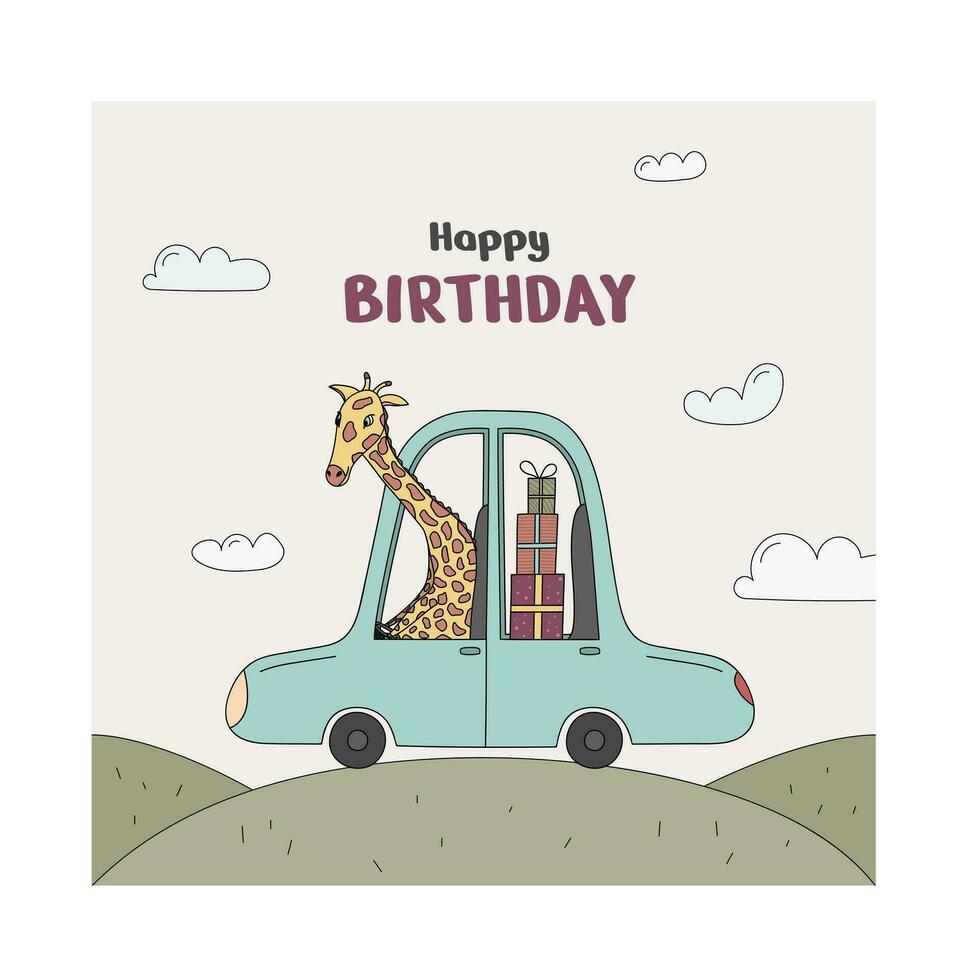 Gruß Karte mit ein Giraffe Das trägt ein Menge von Geschenke im das Auto vektor