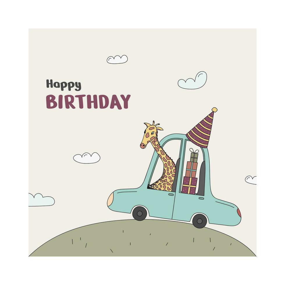 Gruß Karte mit ein süß Giraffe Das trägt ein Menge von Geschenke im das Auto vektor