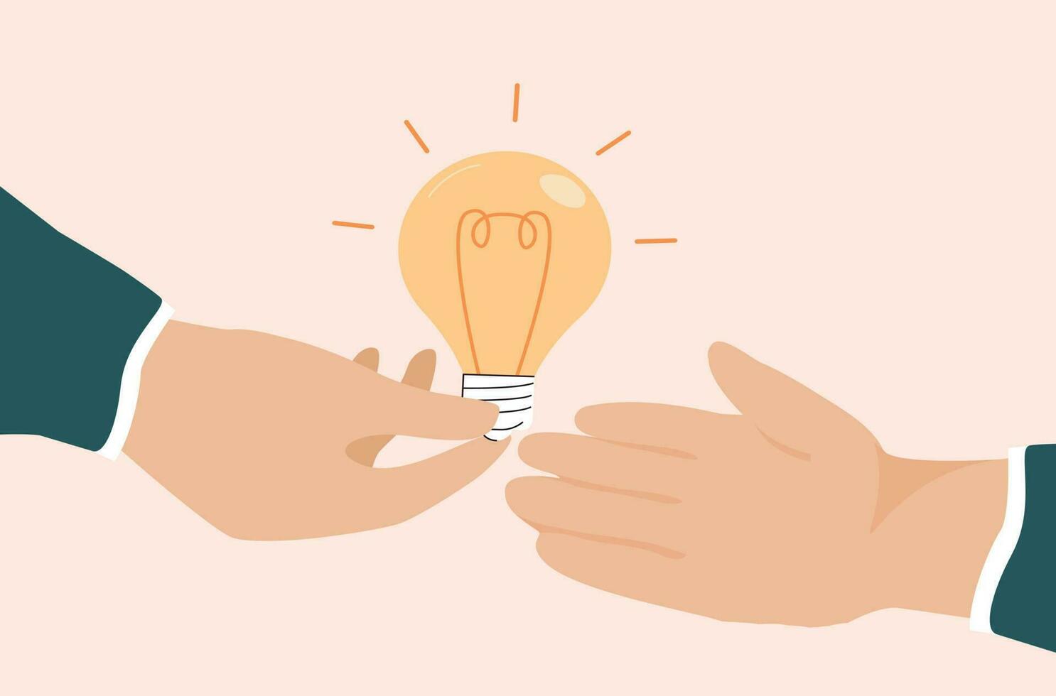 mänsklig hand ger en ljus Glödlampa till annan person. begrepp av kommunikation. illustration av människor utbyte kreativ lösningar, delning Kompetens, kunskap och företag idéer. vektor illustration