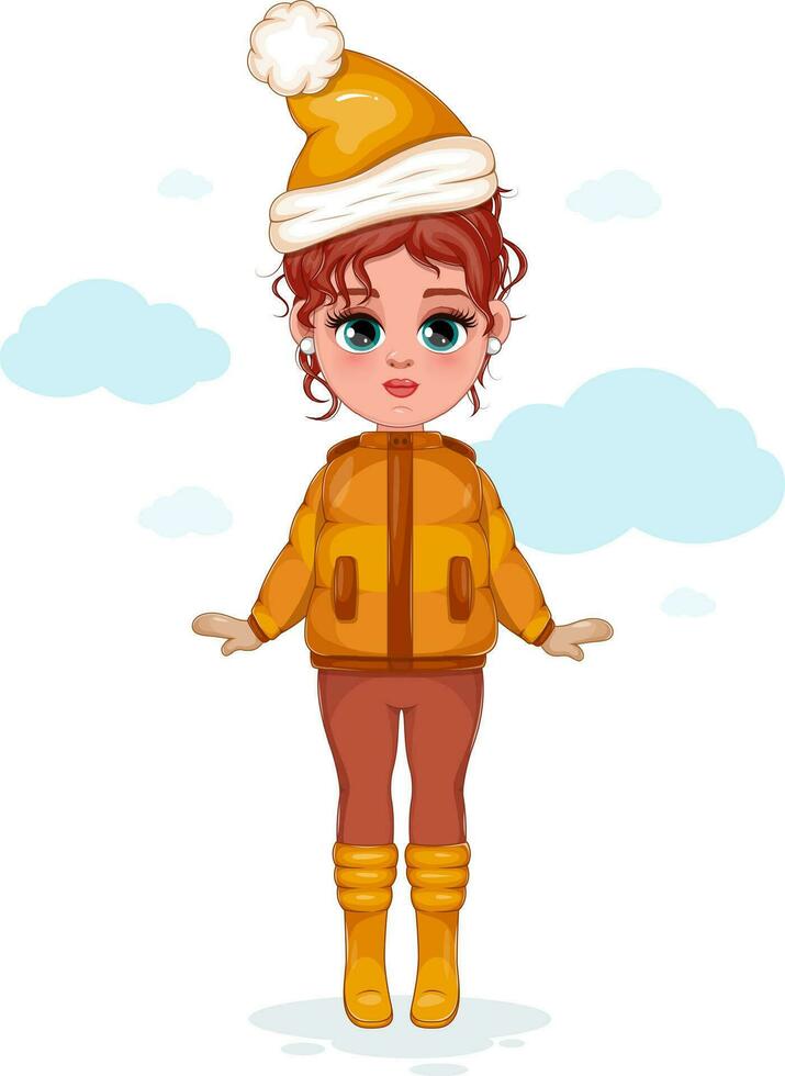 Winter schick. Vektor Illustration von ein stilvoll Mädchen im Winter Kleidung, Hut, Jacke, und Stiefel