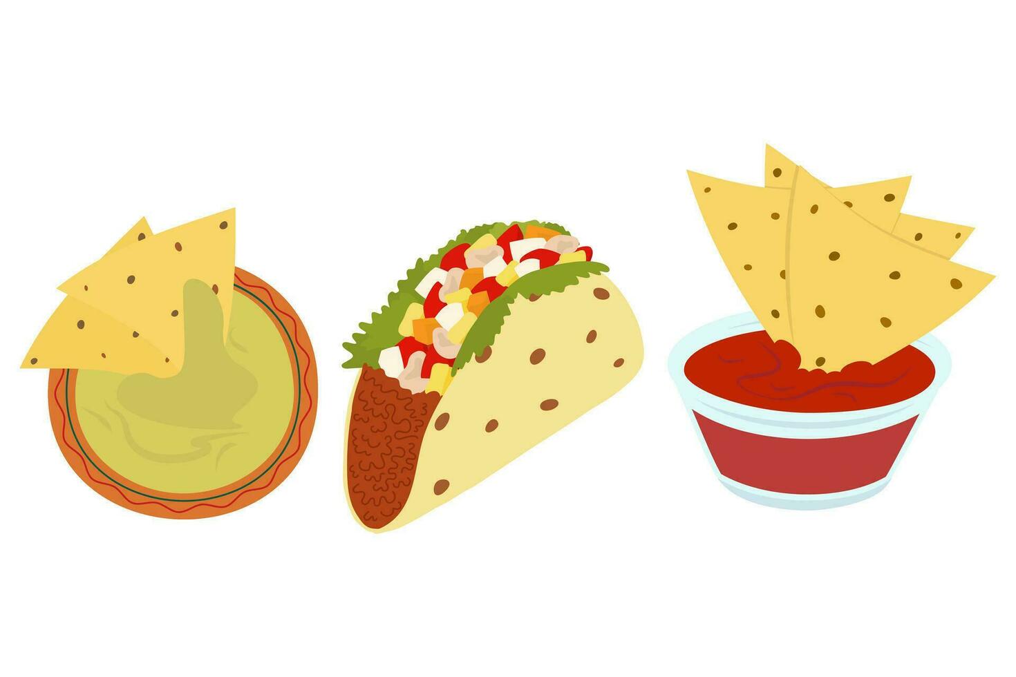 uppsättning av 3 mest populär mexikansk maträtter. tacos, nachos och salsa sås. latin amerikan mat kök. vektor