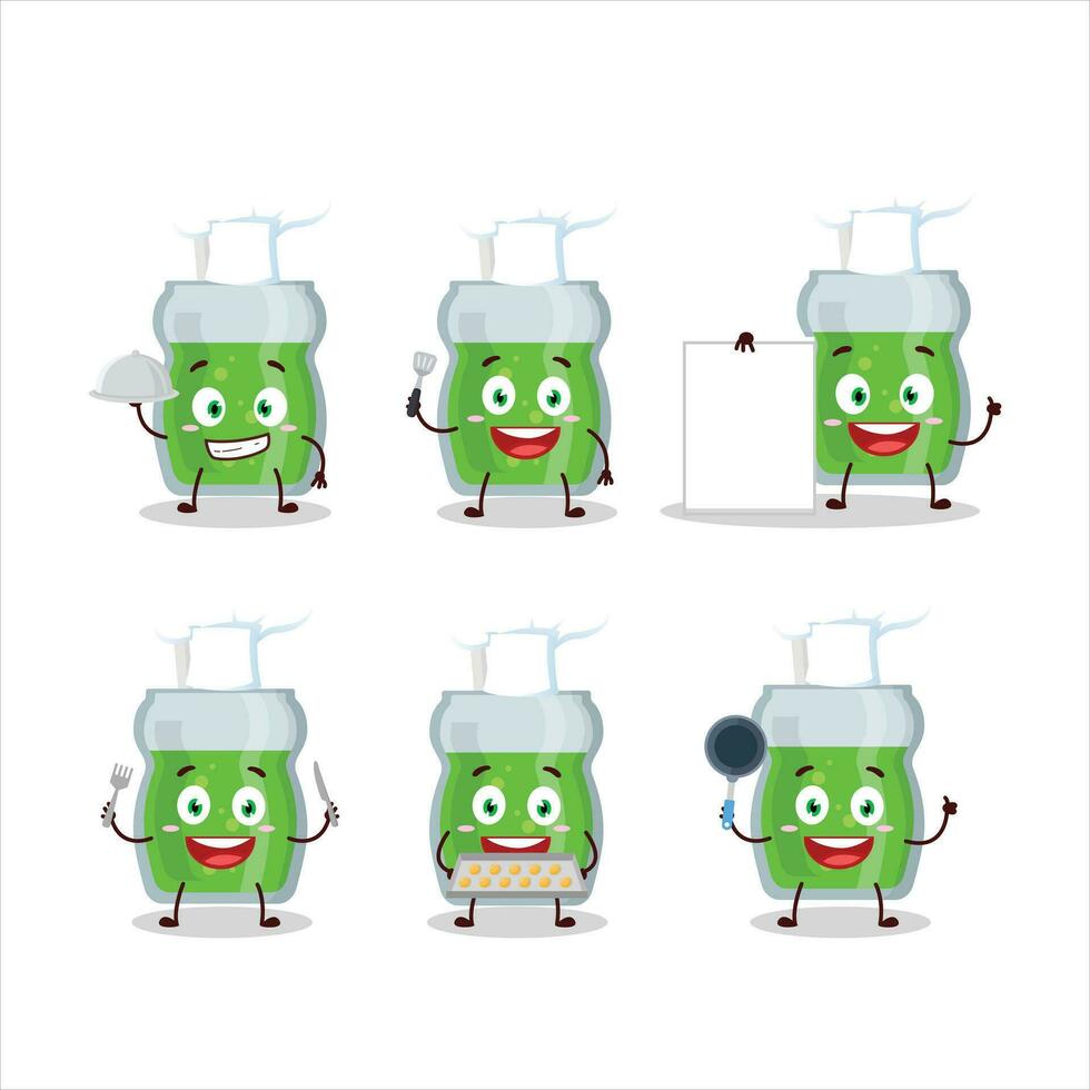 tecknad serie karaktär av avokado juice med olika kock uttryckssymboler vektor
