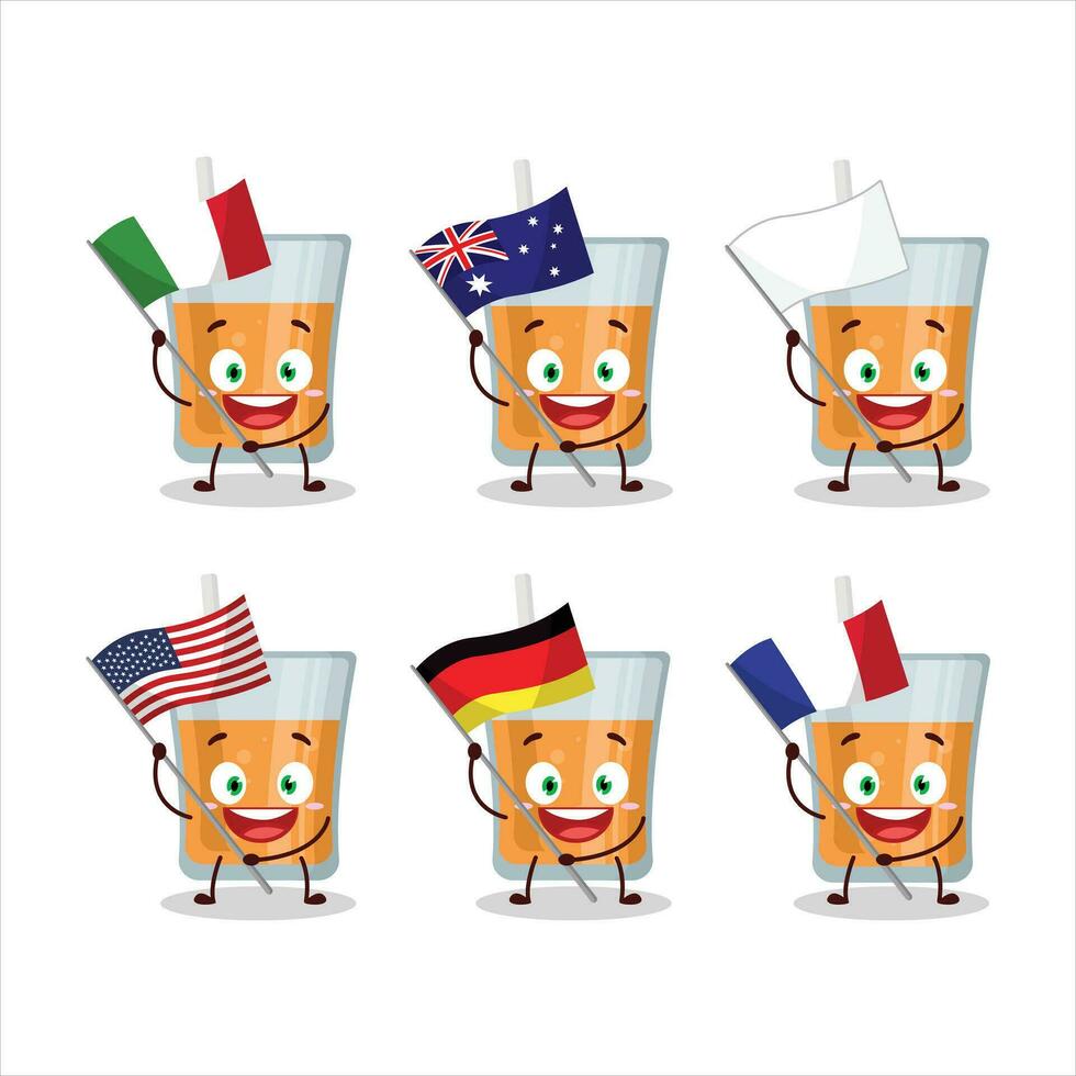 papaya juice tecknad serie karaktär föra de flaggor av olika länder vektor