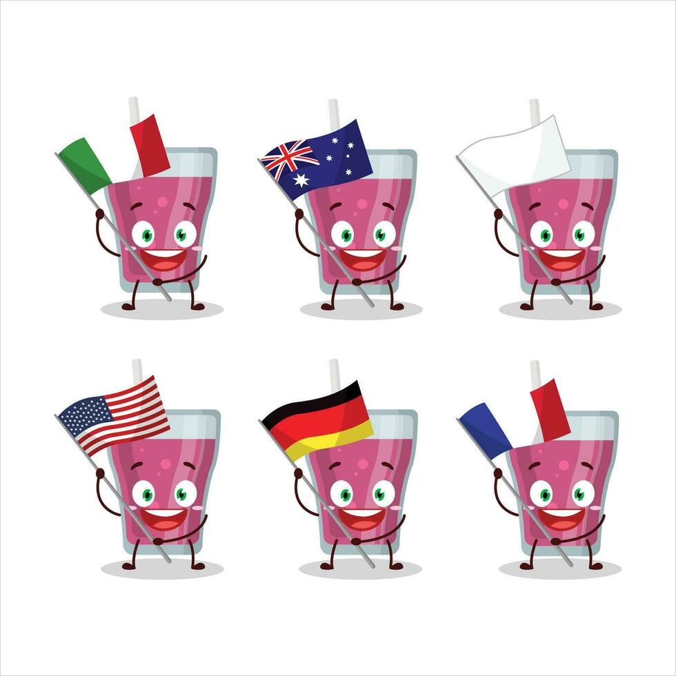 lila Saft Karikatur Charakter bringen das Flaggen von verschiedene Länder vektor