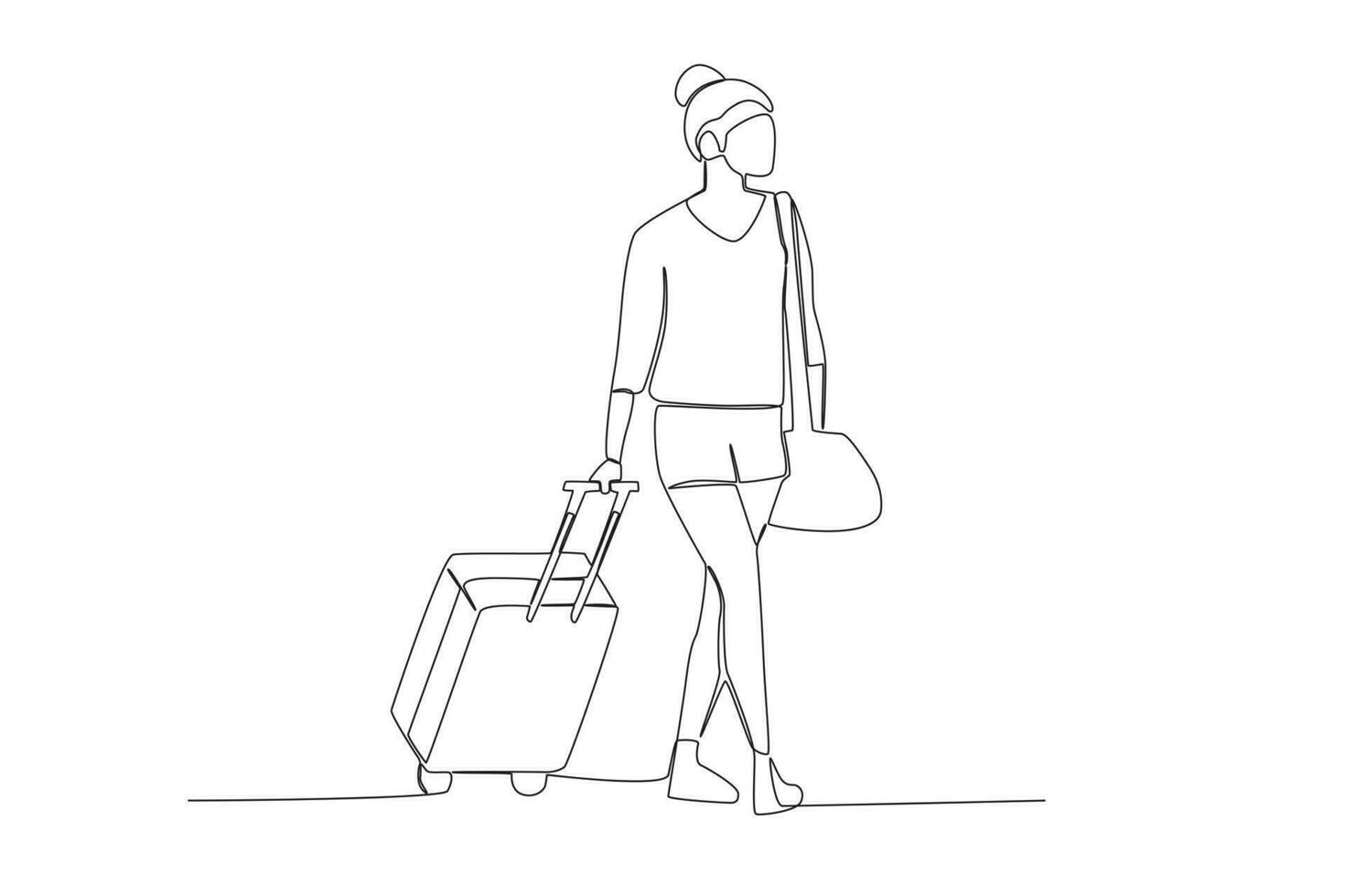 einer Linie Zeichnung von Tourist Frau Spaziergänge während ziehen ihr Koffer Konzept. kontinuierlich Linie Grafik zeichnen Design Vektor Illustration