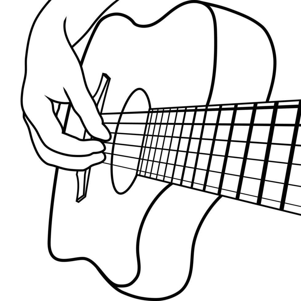 hand på gitarr ritad för hand illustration vektor design. svart linje teckning av man kvinna spelar gitarr. idealisk för affisch, kort, baner, flygblad, logotyp, och emblem