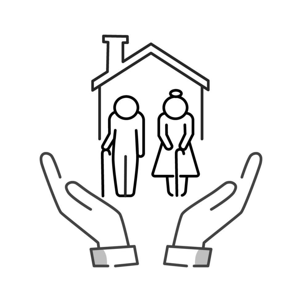 äldre vård ikon, gammal människor med Hem, hjälp ålder generation, senior sjukvård, vårdgivare organisation, hälsa försäkring, välgörenhet människor gemenskap, tunn linje symbol - vektor illustration.