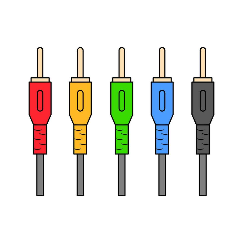 rca plugg och kontakt vektor ikon i platt stil. audio video kablar gul, röd, grön, blå och svart.