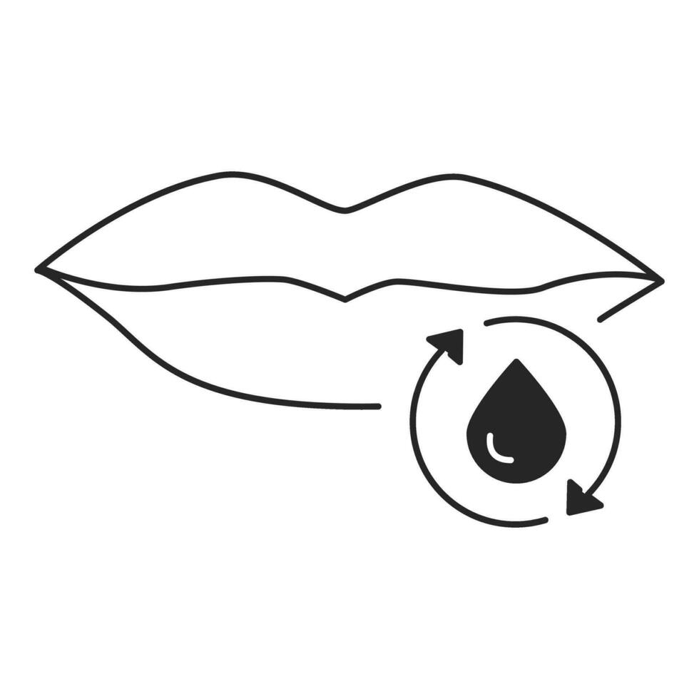 Lippe Gliederung Symbol, Lippenstift oder Wasser Gel, Mund mit Flüssigkeit tropfen, Wasser Zyklus zum Gesicht, dünn Linie Symbol auf Weiß Hintergrund. vektor