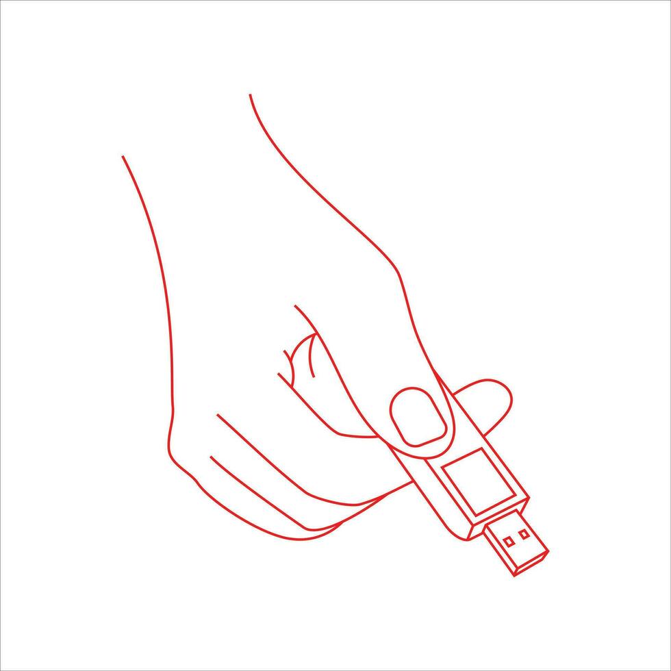 Hand gezeichnet Hand halten ein USB Blitz Antrieb. Information Bewohner, Blitz Karte USB. Vektor Grafik im Gekritzel Stil. handgemalt durch ein rot Linie. isoliert Bild auf ein Weiß Hintergrund.