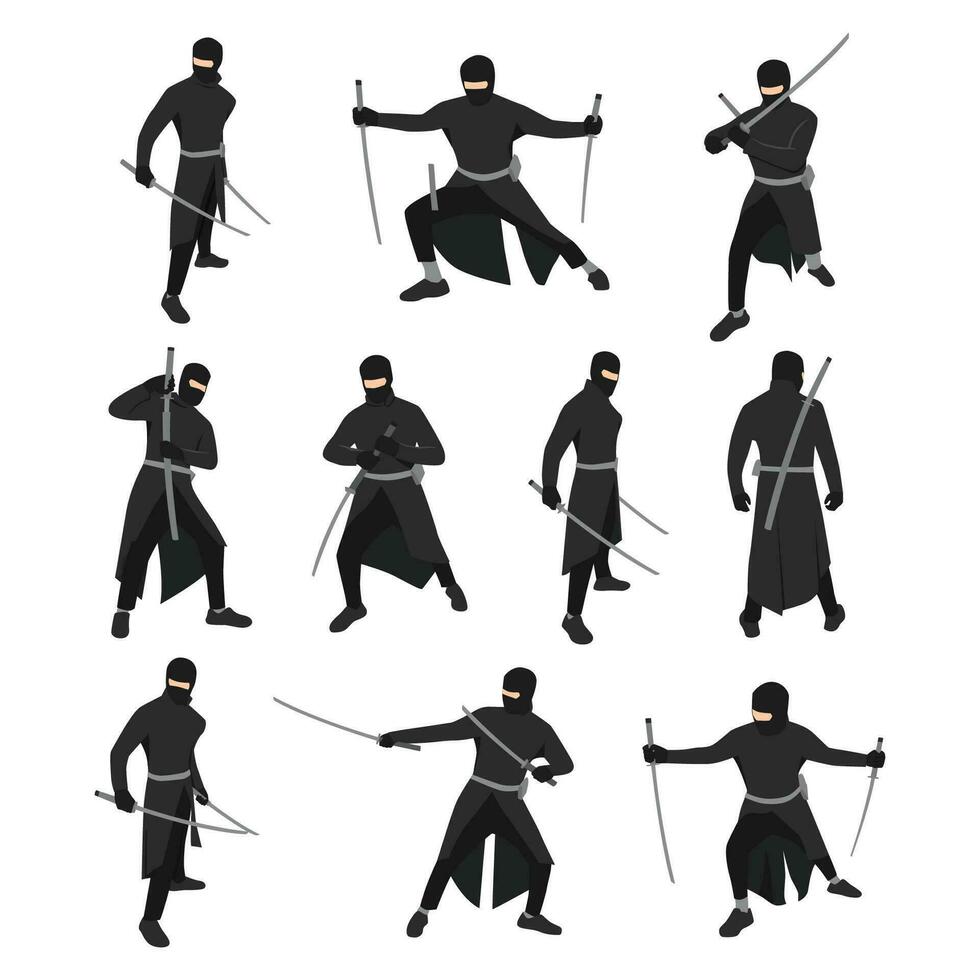 ninja kämpar silhuett samling. ninja karaktär ikon. vektor