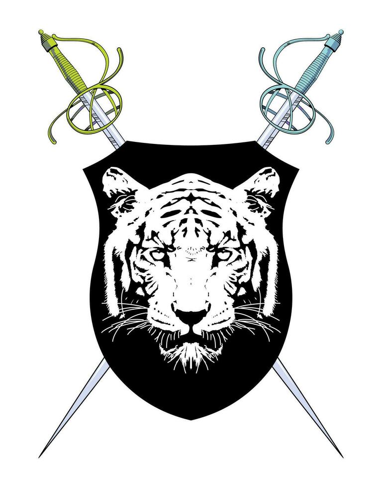 t-shirt design av en medeltida skydda med en tiger huvud. vektor illustration av heraldisk teman