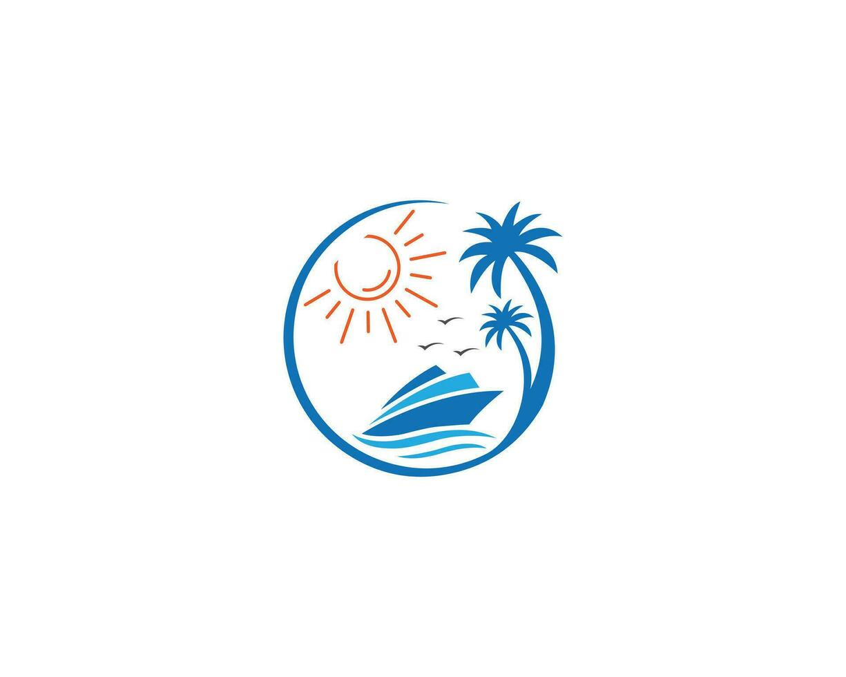 Schiff Strand und Sonnenuntergang Szene Silhouette Logo Design mit Palme Baum Kokosnuss Baum Symbol Vektor Symbol.