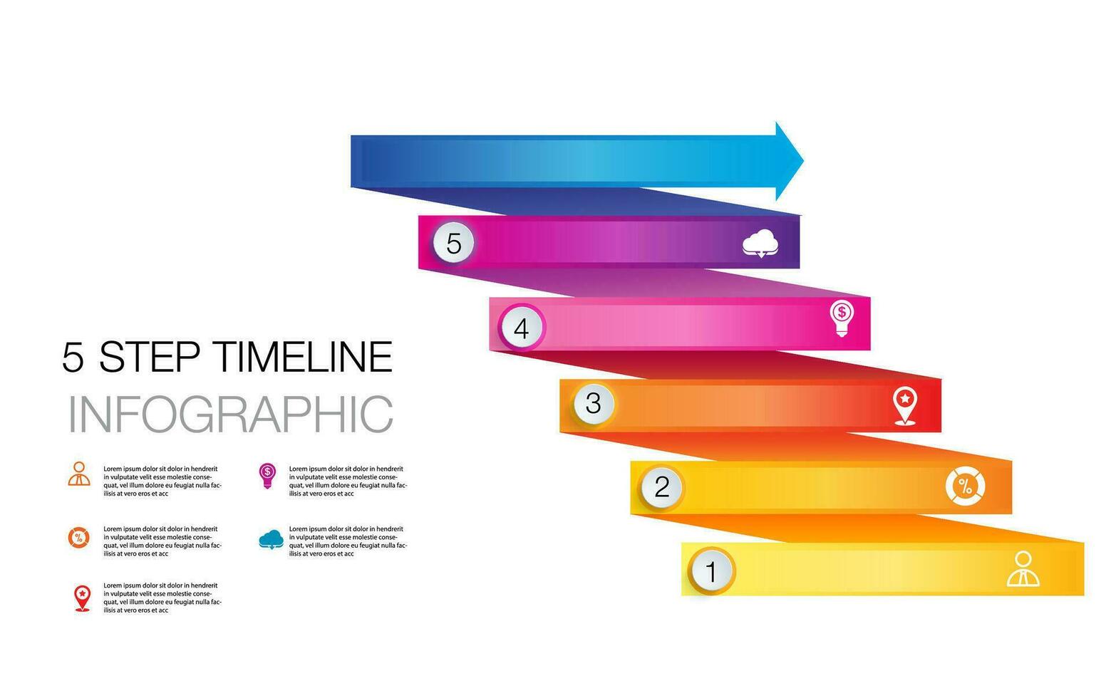 Infografik Vorlage 5 Schritt zum Geschäft Richtung, Marketing Strategie, Diagramm, Daten, Glanz, Pfeil Zeitleiste, zum Präsentation Bericht und Fortschritt vektor