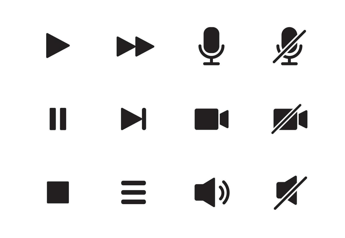 audio, video, musik spelare knapp ikon. ljud kontrollera, spela, paus knapp fast ikon uppsättning. kamera, media kontrollera, mikrofon gränssnitt piktogram. vektor