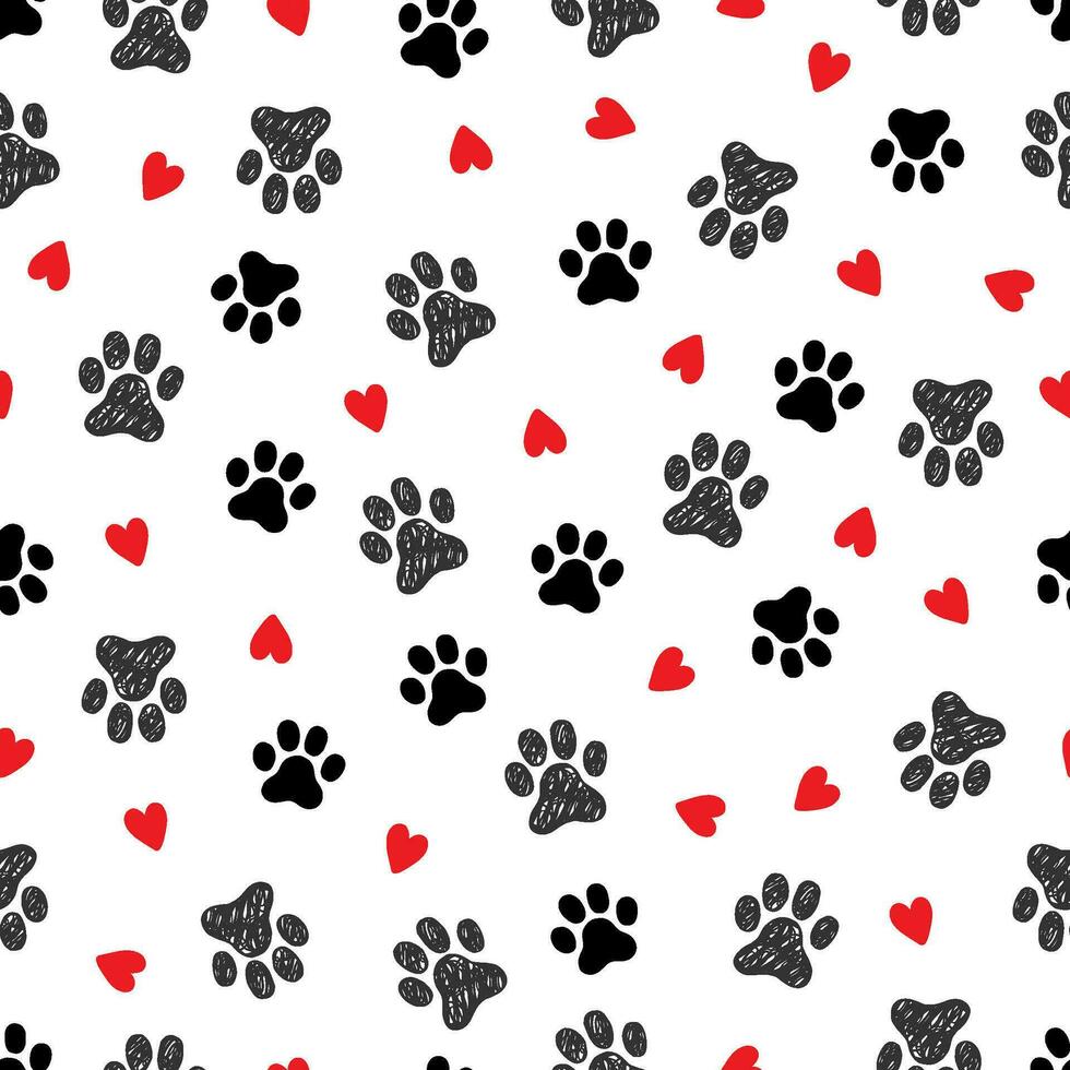 Haustier Fußabdruck nahtlos Muster. Haustier Tier Hund, Katze Fußabdruck Hintergrund mit Herz. Hündchen Valentinstag Textur Gekritzel Hintergrund vektor