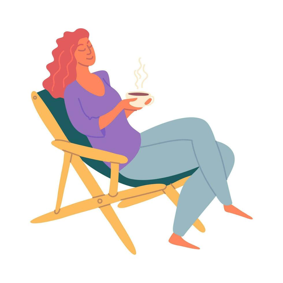 Karikatur Farbe Charakter Frau Sitzung auf Stuhl und Trinken Kaffee. Vektor