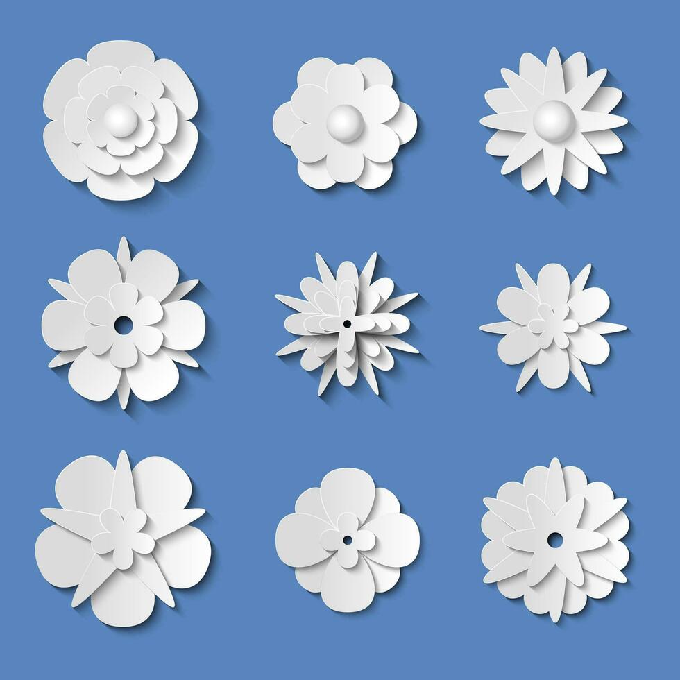 annorlunda typer vit papper origami blommor uppsättning. vektor