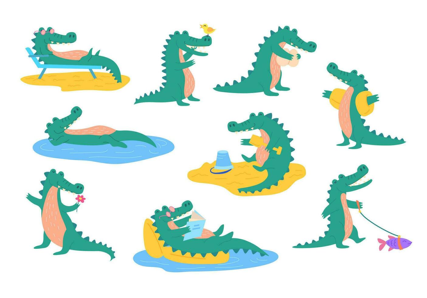 tecknad serie Färg karaktär söt krokodil ikon uppsättning. vektor