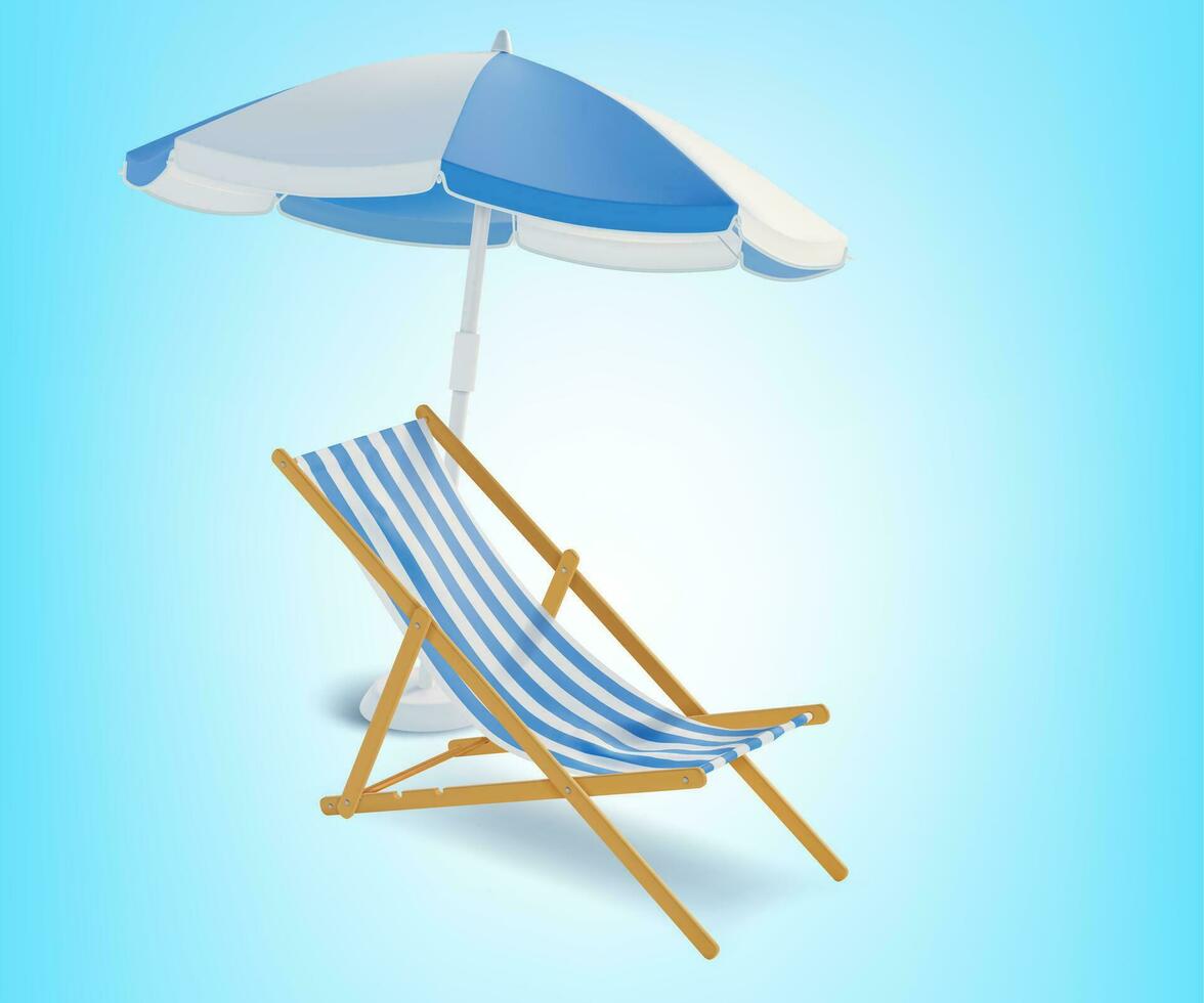 realistisk detaljerad 3d strand stol och paraply uppsättning. vektor