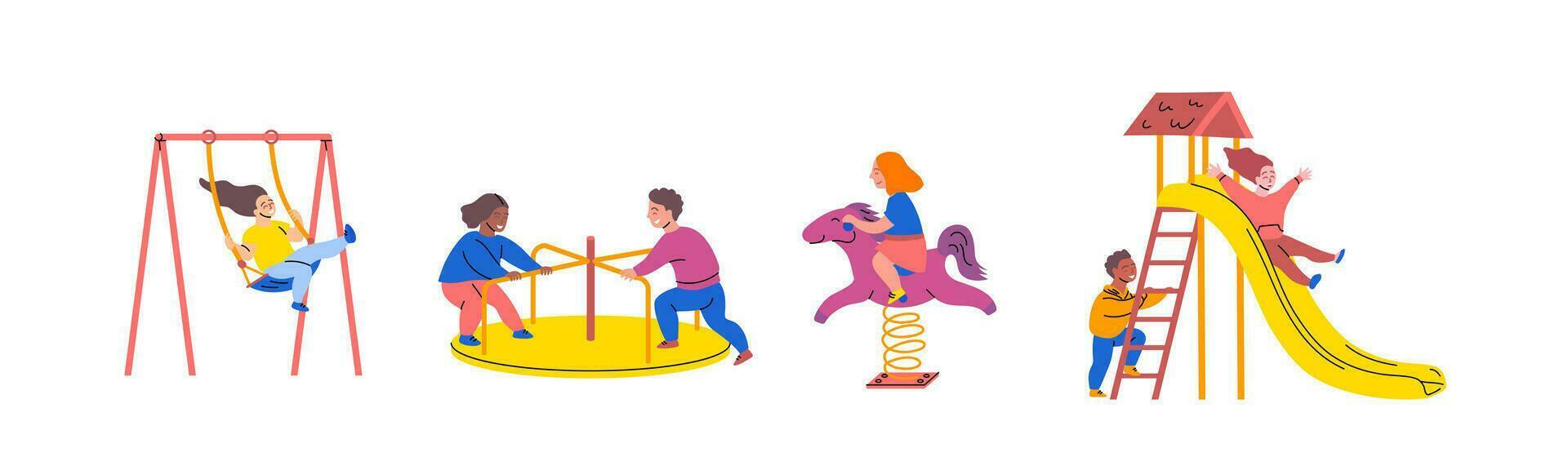 tecknad serie Färg tecken barn spelar på lekplats uppsättning. vektor