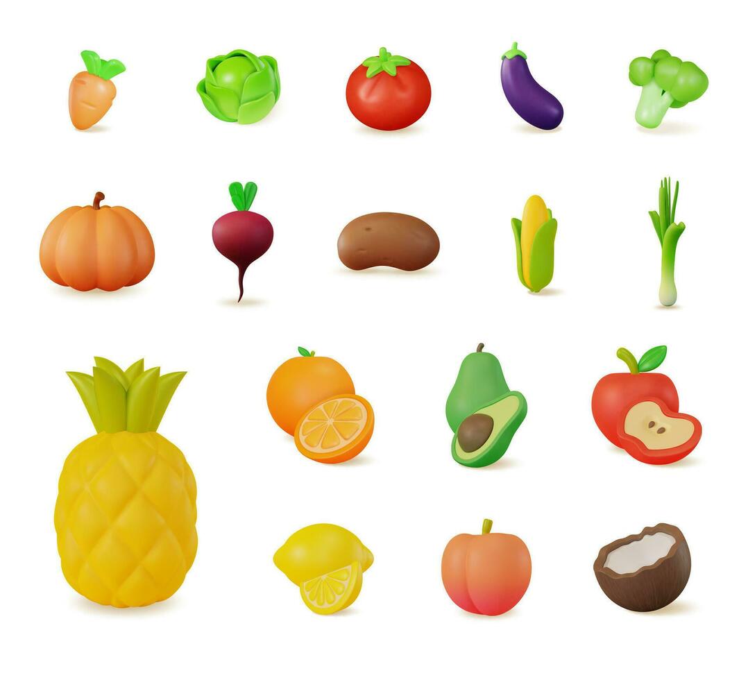 3d Farbe anders frisch Gemüse und Früchte einstellen Karikatur Stil. Vektor