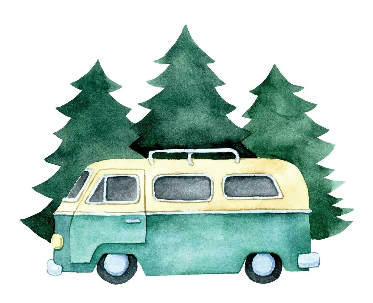 Aquarell Zeichnung auf das Thema von Straße Reise, Camping, Reise. süß Auto auf das Hintergrund von Grün Tanne Bäume. Clip Art vektor